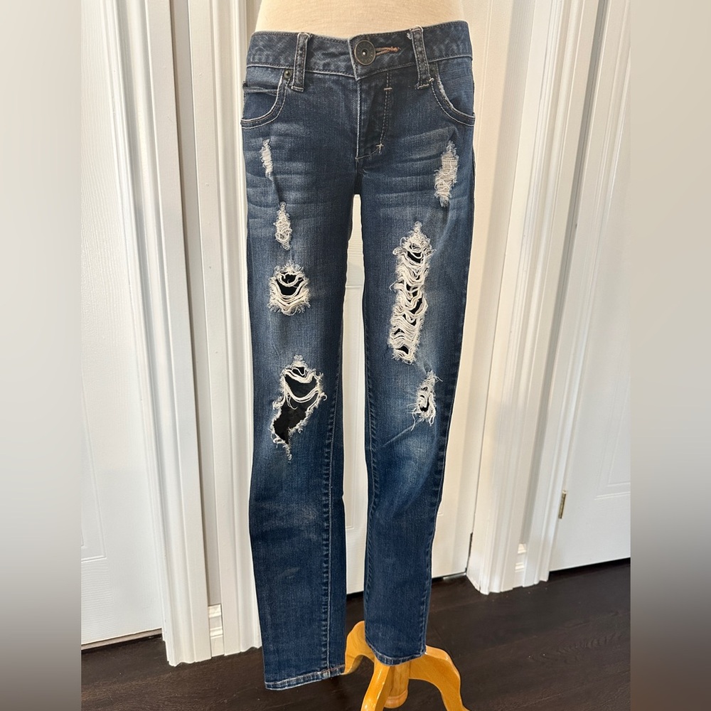 Guess Dark Blue Distressed Straight Leg Jeans